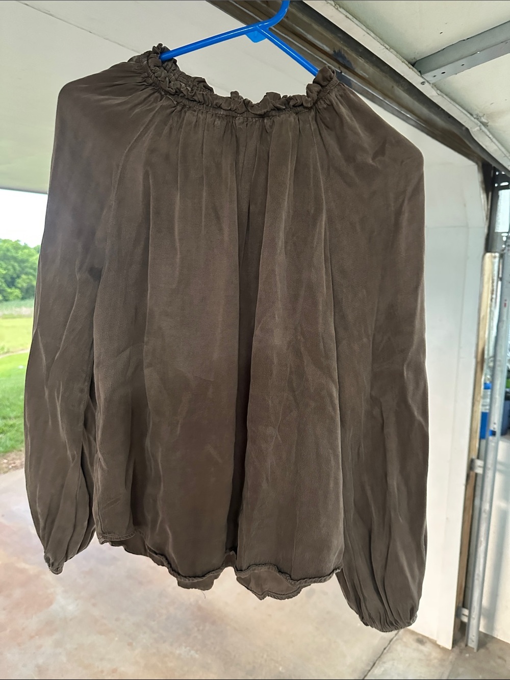 Bella Dahl Olive Brown Smocked Neck Long-Sleeve Blouse